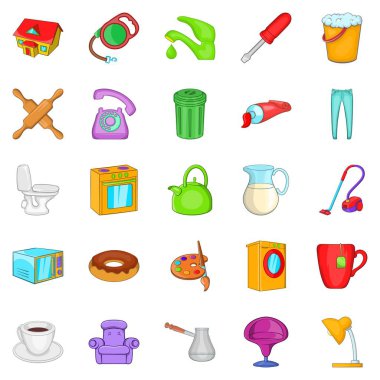Yatak Icons set, karikatür tarzı kahvaltı