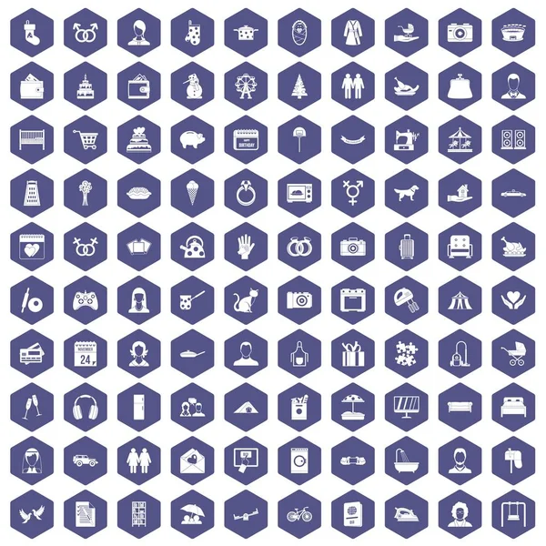 100 iconos de la familia hexágono morado — Vector de stock