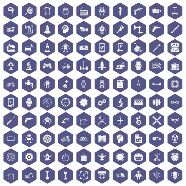 100 iconos de engranaje hexágono púrpura — Vector de stock