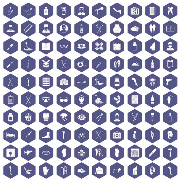 100 iconos de atención médica hexágono púrpura — Vector de stock