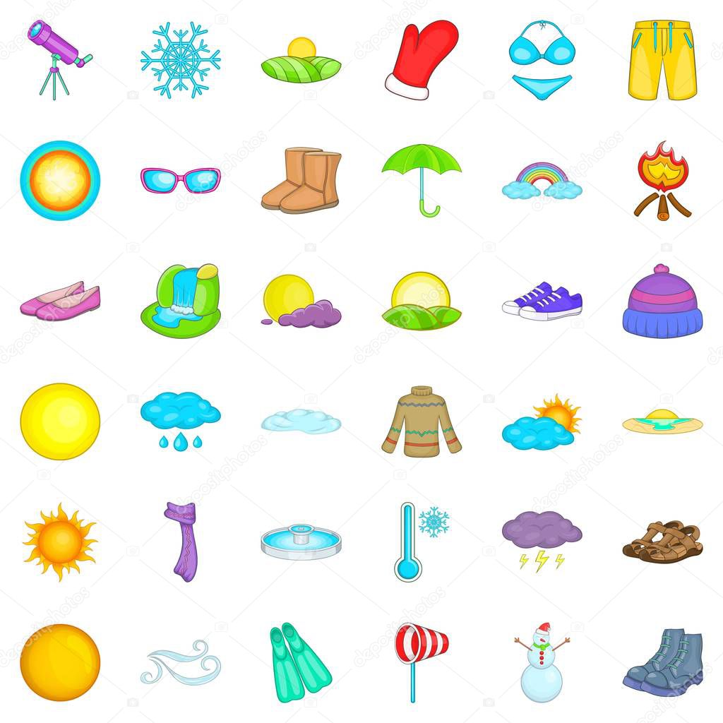 Hot weather icons set. Cartoon style of 36 hot weather vector icons for web isolated on white background