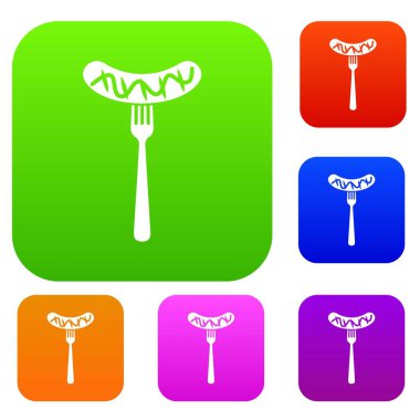 Bir çatal hardal üzerinde ızgara sosis koleksiyonu ayarla