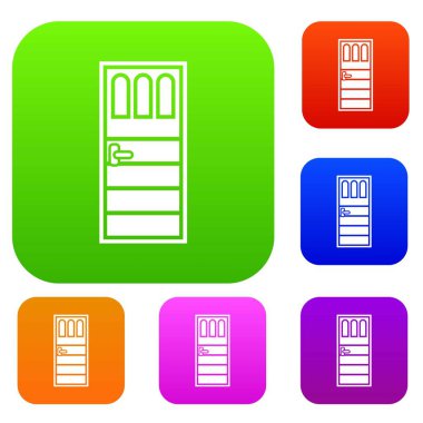 Üç bardak ile ahşap kapı farklı renklerde izole vektör çizim içinde simge seti. Prim toplama