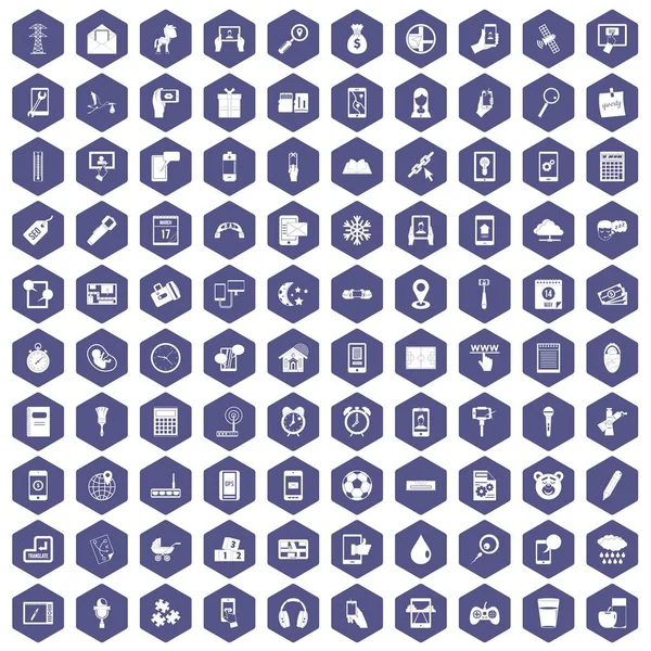 100 iconos de aplicaciones móviles hexágono púrpura — Vector de stock