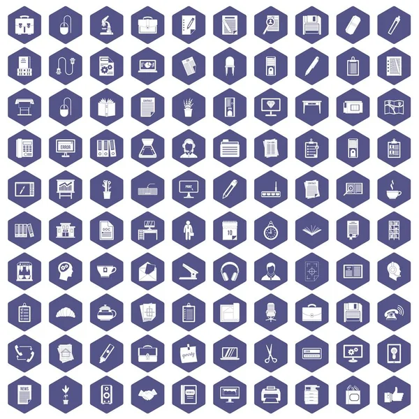 100 iconos de oficina hexágono púrpura — Vector de stock