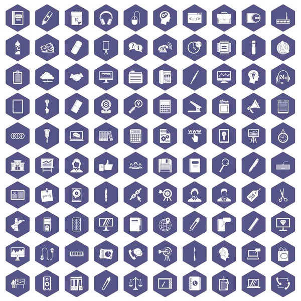 100 ícones de trabalho de escritório hexágono roxo — Vetor de Stock