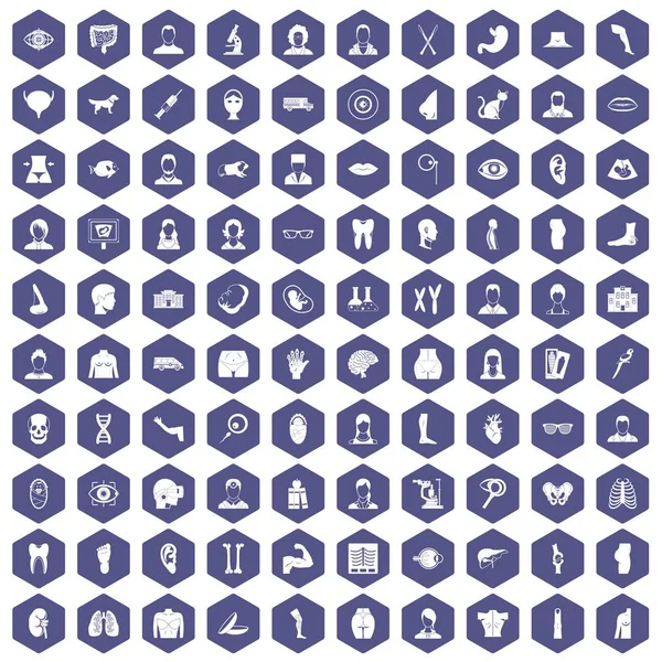 100 iconos de órganos hexágono púrpura — Vector de stock