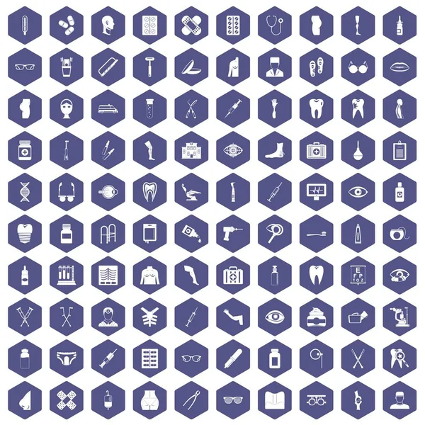 100 apotheek pictogrammen hexagon paars — Stockvector