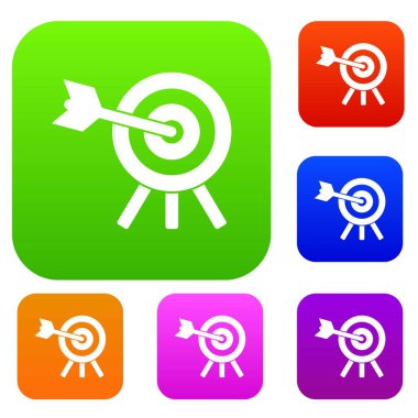 Ok hedef kümesi simgesini farklı renklerde izole vektör çizim içinde vurdu. Prim toplama