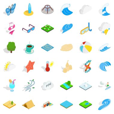 Plaj Icons set, izometrik stil su