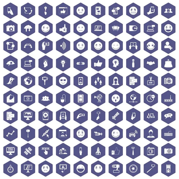 100 iconos de redes sociales hexágono púrpura — Vector de stock