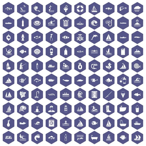 100 water icons hexagon purple
