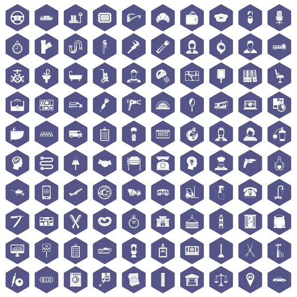 100 iconos de trabajo hexágono púrpura — Vector de stock