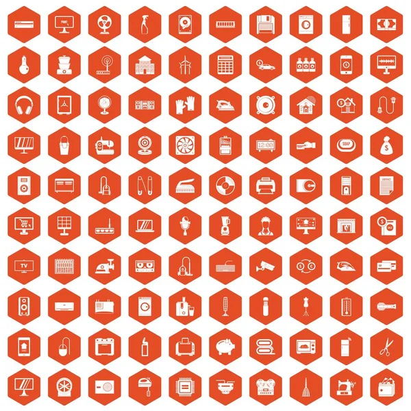 100 aparatos iconos hexágono naranja — Archivo Imágenes Vectoriales
