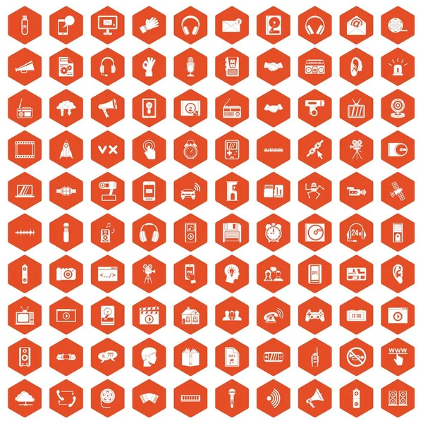 100 iconos de audio hexágono naranja — Archivo Imágenes Vectoriales