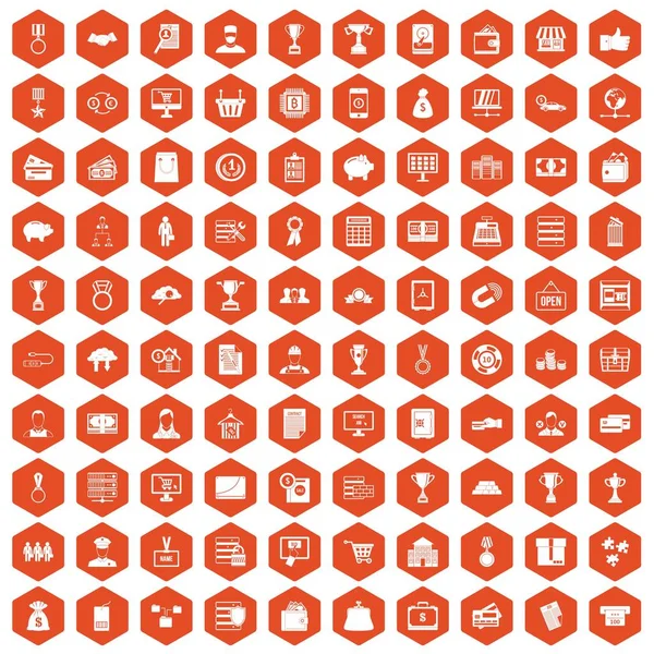 100 iconos de negocios hexágono naranja — Archivo Imágenes Vectoriales