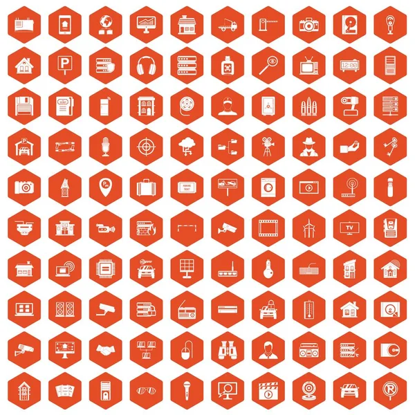 100 κάμερα εικονίδια εξάγωνο πορτοκαλί — Διανυσματικό Αρχείο