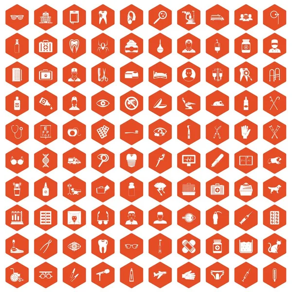 100 iconos de cuidado hexágono naranja — Archivo Imágenes Vectoriales