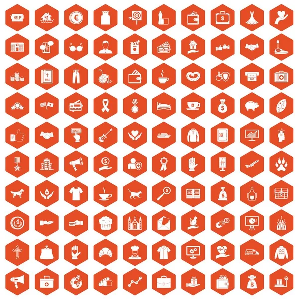 100 charitativní ikony šestiúhelník oranžové — Stockový vektor