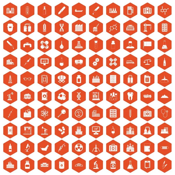 100 iconos de la industria química hexágono naranja — Archivo Imágenes Vectoriales