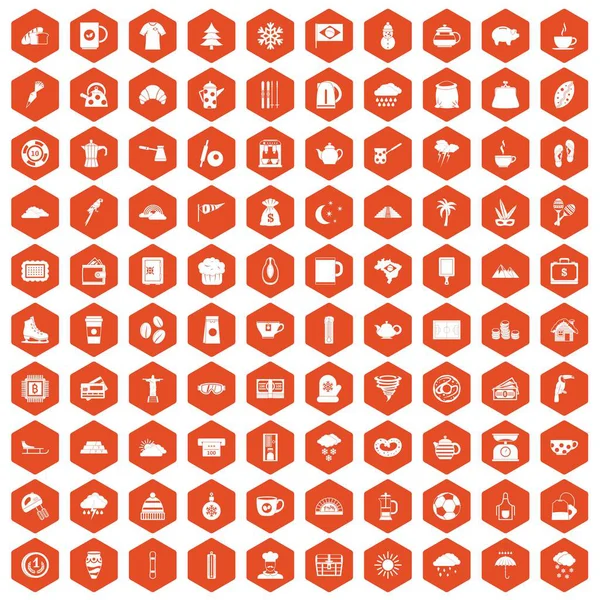 100 iconos de taza de café hexágono naranja — Archivo Imágenes Vectoriales