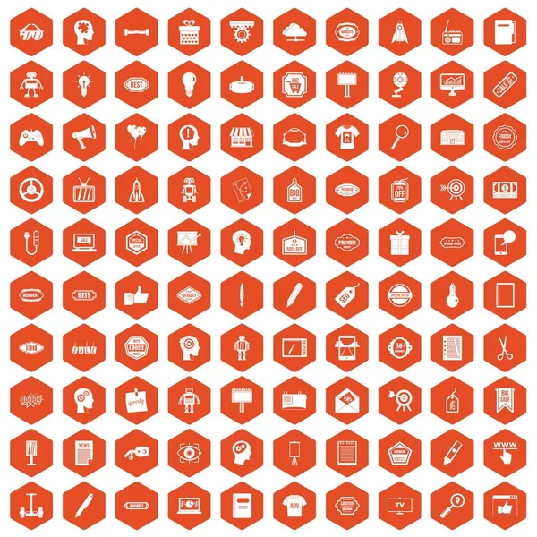 100 ícones de marketing criativo laranja hexágono — Vetor de Stock