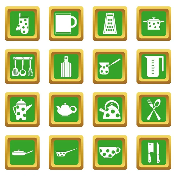Herramientas de cocina y utensilios iconos verde — Vector de stock