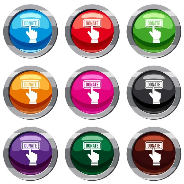 Hand presses button to donate set 9 collection — Stock Vector