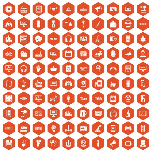 100 iconos de la aplicación del dispositivo hexágono naranja — Archivo Imágenes Vectoriales
