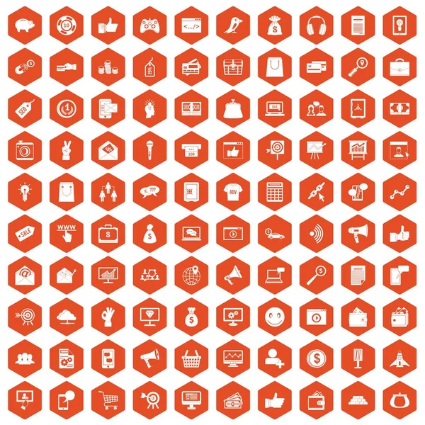 100 iconos de marketing digital hexágono naranja — Archivo Imágenes Vectoriales