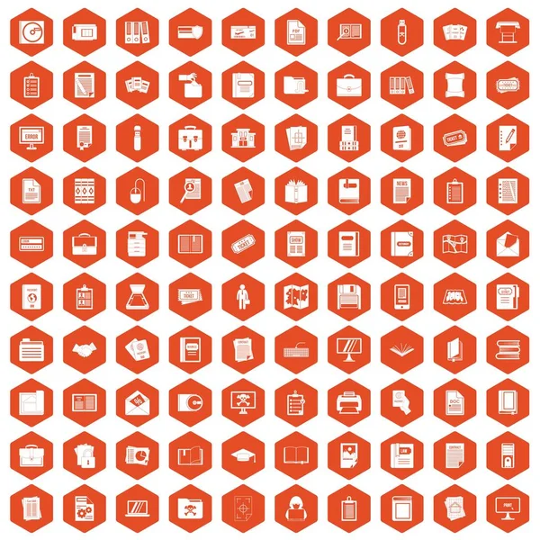 100 iconos de documento hexágono naranja — Archivo Imágenes Vectoriales
