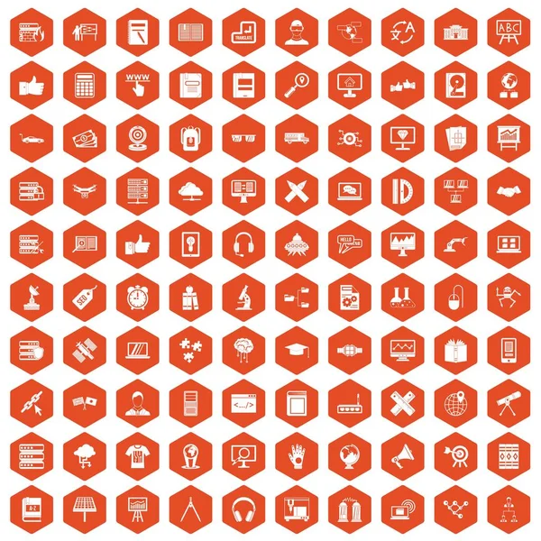 100 iconos de la tecnología educativa hexágono naranja — Archivo Imágenes Vectoriales