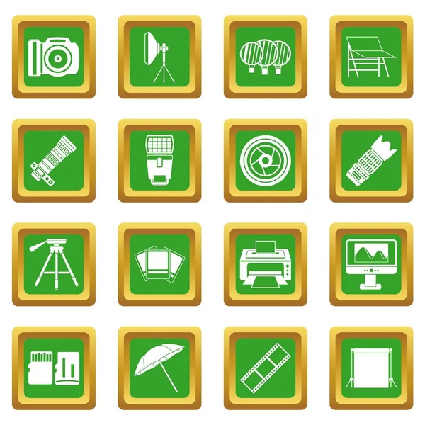 Conjunto de iconos de estudio de fotos verde — Vector de stock