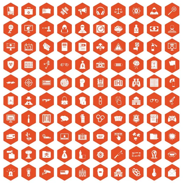 100 хакерских икон шестиугольник оранжевый — стоковый вектор