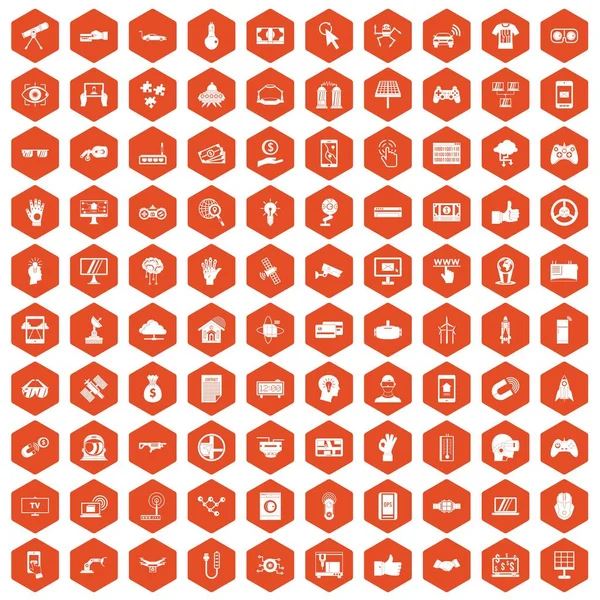 100 iconos de alta tecnología hexágono naranja — Archivo Imágenes Vectoriales