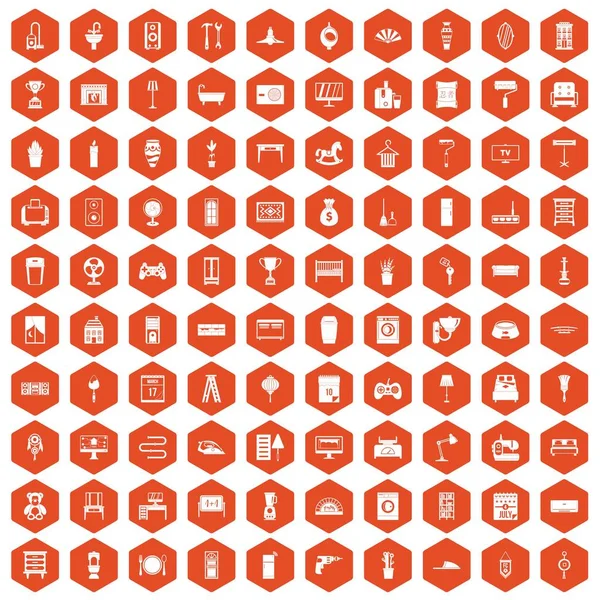 100 iconos caseros hexágono naranja — Archivo Imágenes Vectoriales