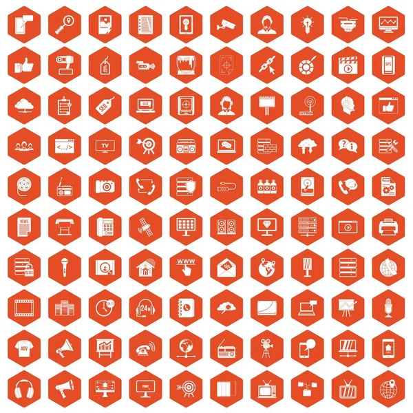 100 iconos de la tecnología de la información hexágono naranja — Archivo Imágenes Vectoriales