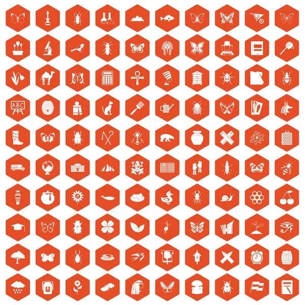 100 ícones de insetos laranja hexágono — Vetor de Stock