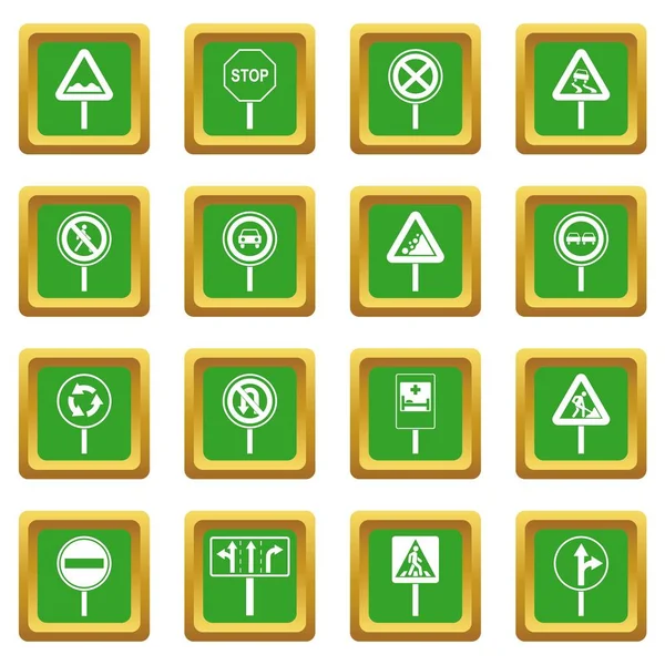 Different road signs icons set green — Stock Vector