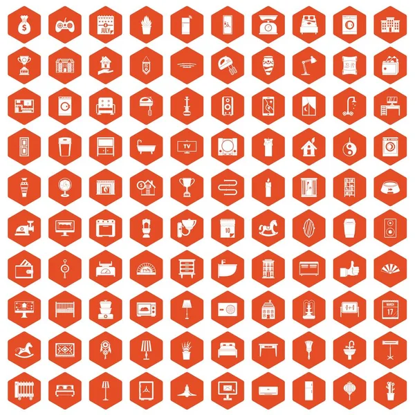 100 iconos interiores hexágono naranja — Archivo Imágenes Vectoriales