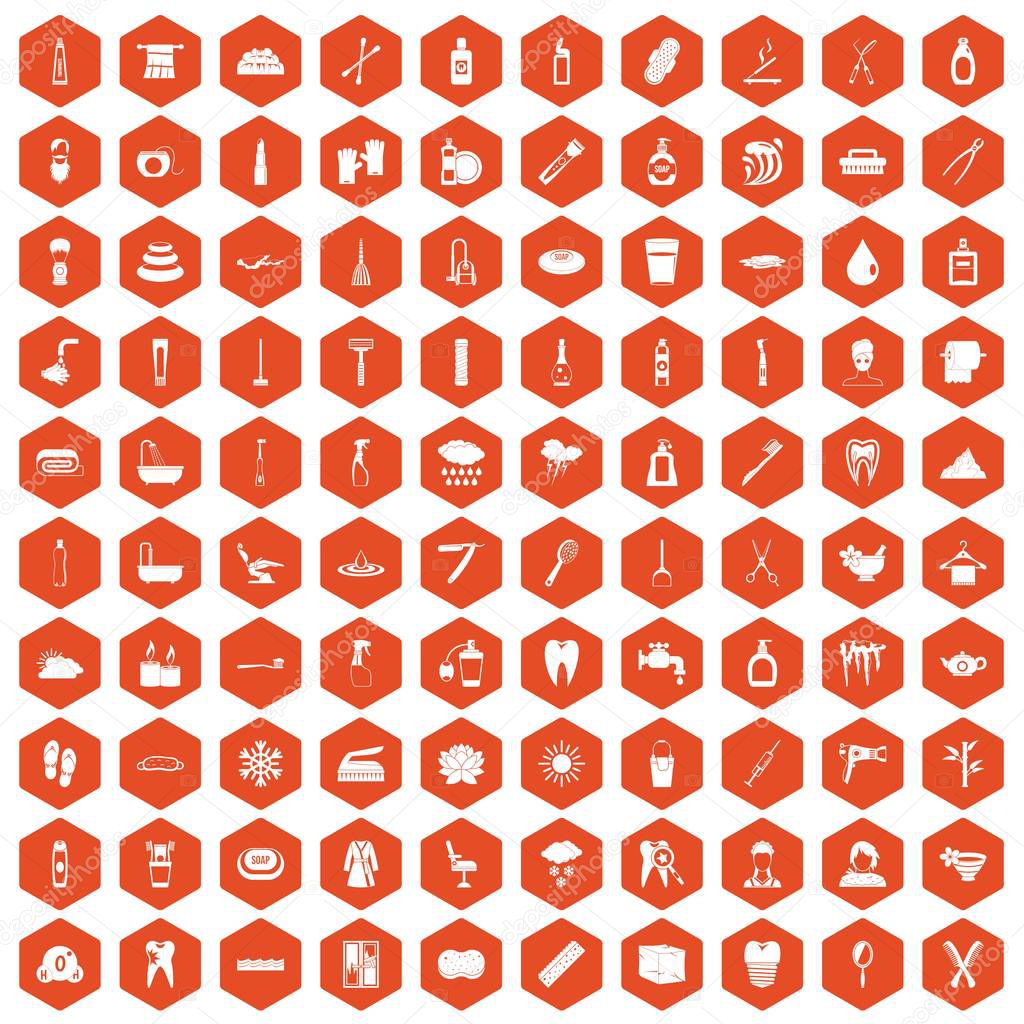 100 hygiene icons hexagon orange