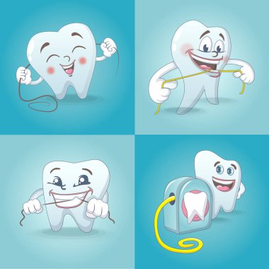 Floss diş fırçalama diş Icons set ayrıntılı. 4 floss diş fırçalama diş vektör simgeler web için karikatür çizimi