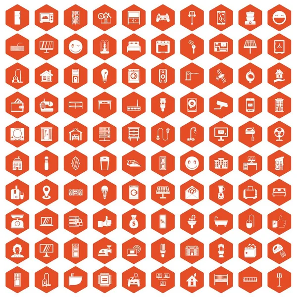 100 έξυπνων σπίτι εικονίδια εξάγωνο πορτοκαλί — Διανυσματικό Αρχείο