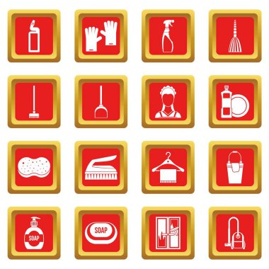 Kırmızı ev temizlik Icons set