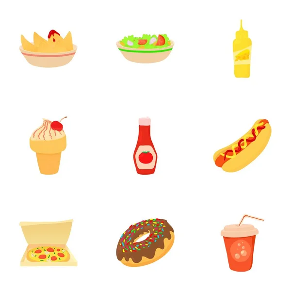 Fast-food menu iconen set, cartoon stijl — Stockvector