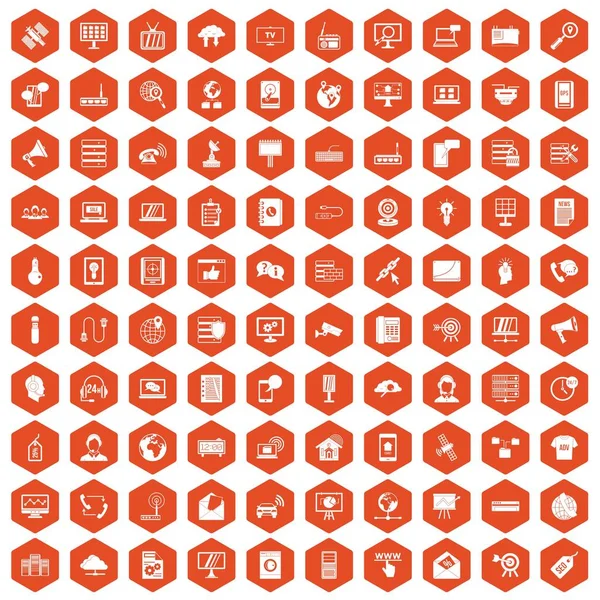 100 iconos de telecomunicaciones hexágono naranja — Archivo Imágenes Vectoriales