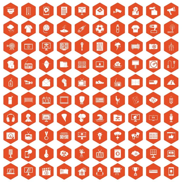 100 ícones de TV laranja hexágono — Vetor de Stock