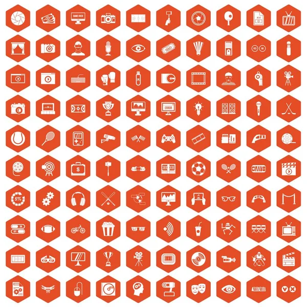 100 iconos de vídeo hexágono naranja — Archivo Imágenes Vectoriales