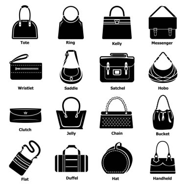 Kadın çanta türleri Icons set, basit tarzı