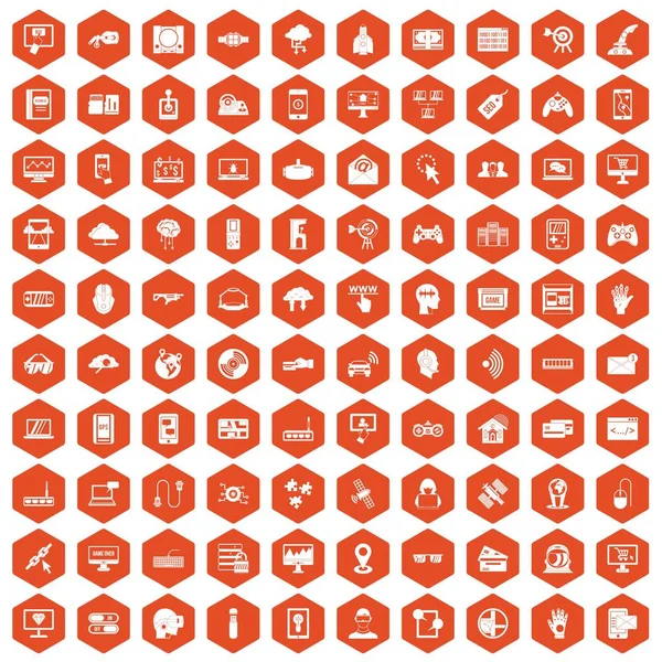 100 iconos virtuales hexágono naranja — Archivo Imágenes Vectoriales